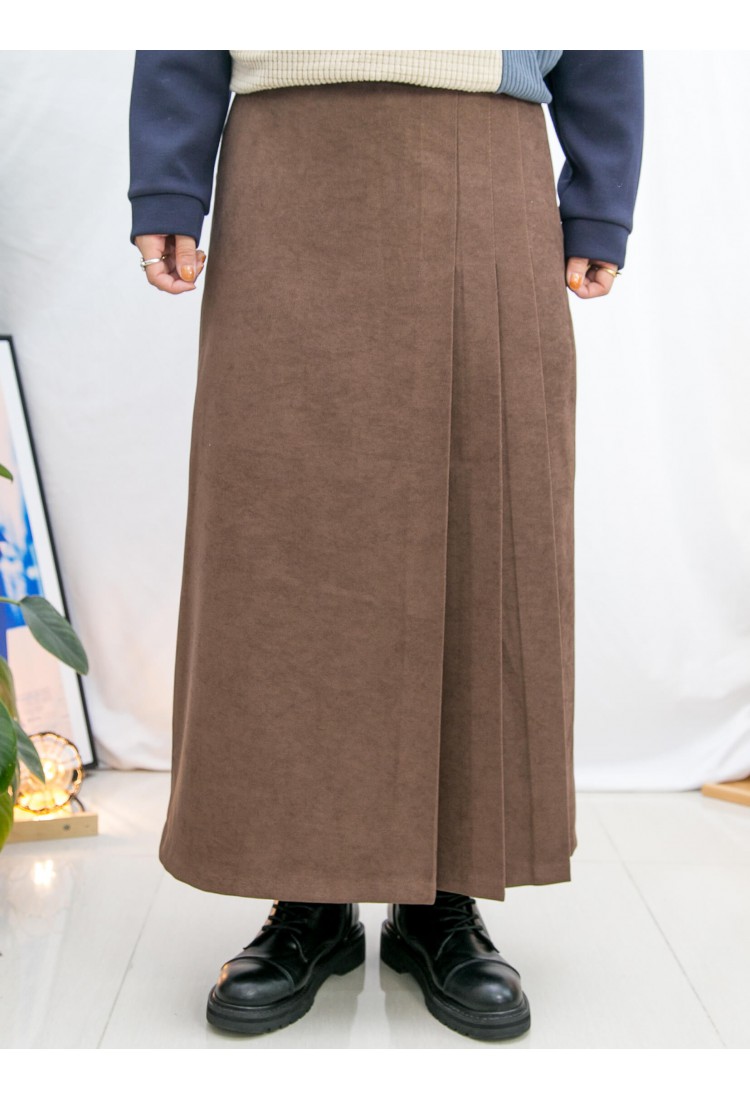 2115-1317A - 斯文・氣質 -單邊腰位拉鏈 X 後腰橡根 , 單邊百摺 X 薄絨絨料半截裙 (有厘布) (韓國) 0